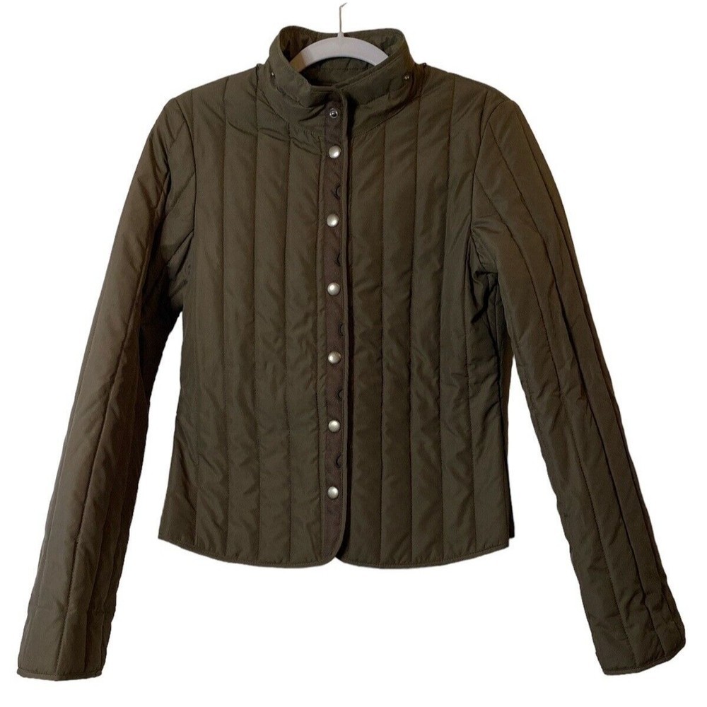 Elie Tahari Quilted Jacket Olive Green Snap Button Front Coat Sz S - flaw‎